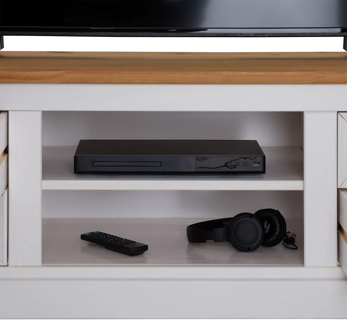 IDIMEX Meuble TV Kent L 144 cm en Bois Massif Blanc et Brun avec Rangement 4 tiroirs et 2 niches pour télévision jusqu'à 60 Pouces 144 x 46 x 45 cm