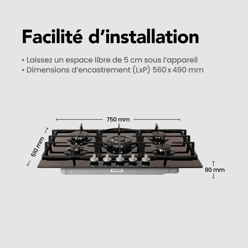 Plaque gaz 5 feux en verre noir - Brûleurs et grilles en fonte - 10 800 Watts encastrement 56x49 cm