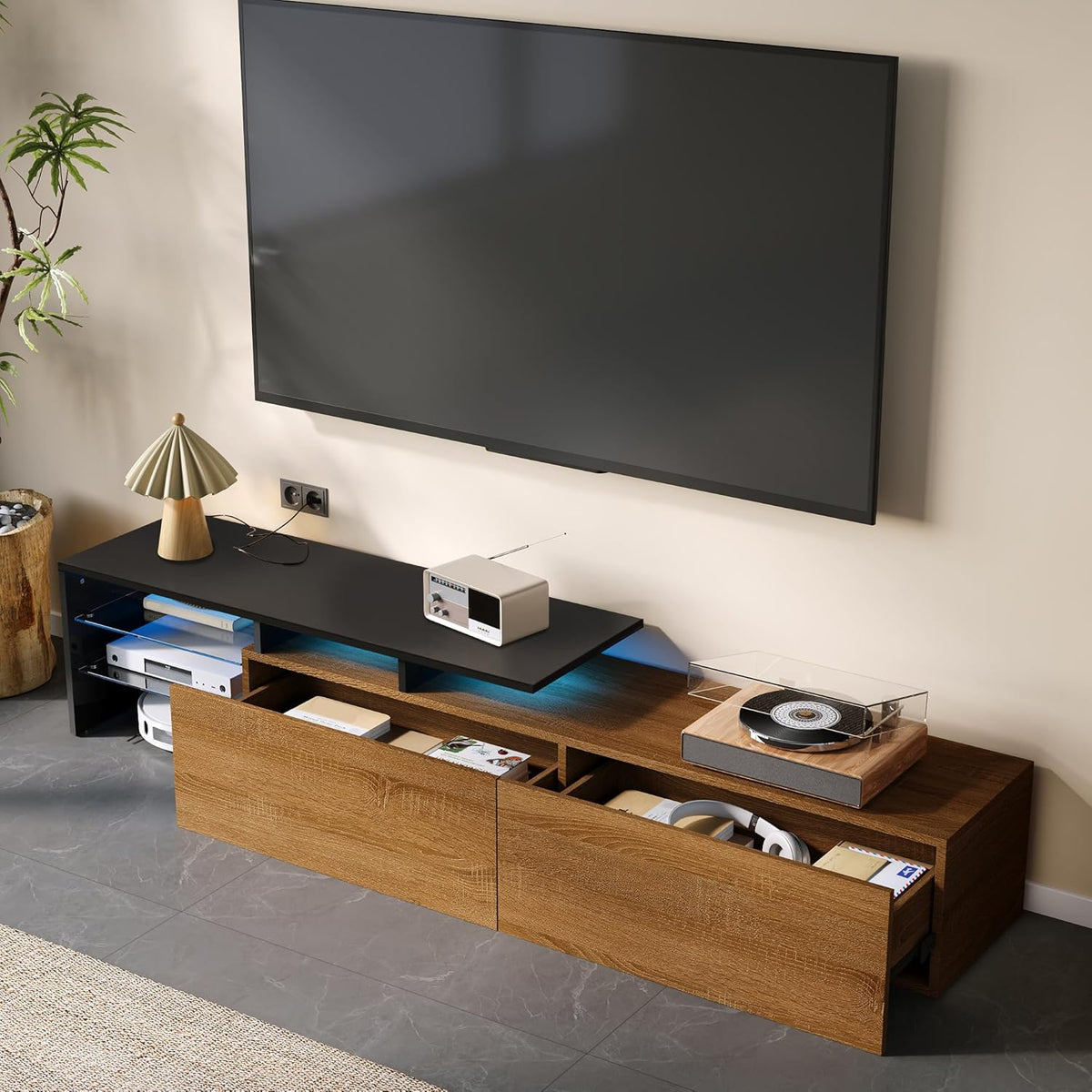 Meuble TV aspect bois naturel 170 cm avec éclairage LED 16 couleurs étagères en verre pour TV jusqu'à 75"