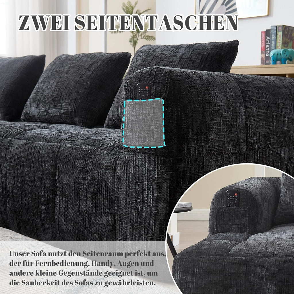 Canapé en Forme de U, 3 Places avec Méridienne, Design Moderne Rembourré avec Accoudoirs et 3 Coussins, Chenille Noir
