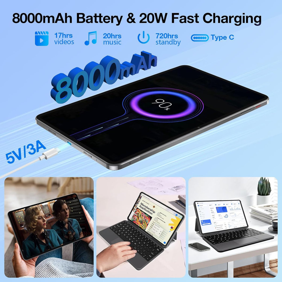 Weelikeit Tablette Android 14 2K FHD 12 Pouces avec Clavier, 4G LTE Double SIM, 16Go RAM + 256Go ROM, Charge Rapide 20W, 8000 mAh/GPS/GMS/OTG/Gris
