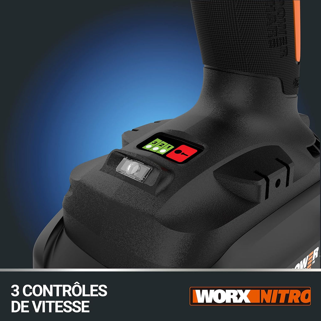 WORX Visseuse à Choc sans Fil Brushless 20V WX261, Légère et puissante 260Nm, 3000 tr/min, mandrin 6,35 mm HEX, 3 Vitesses, crochet et embout de vissage, livrée avec Batterie et Chargeur