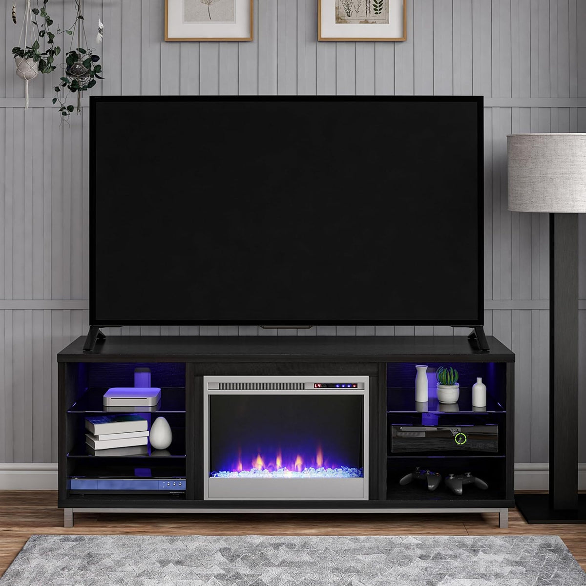 Ameriwood Home Meuble TV avec cheminée Lumina, chêne Noir, pouvant accueillir des téléviseurs jusqu'à 70 Pouces, Meuble multimédia Moderne avec éclairage LED RGB