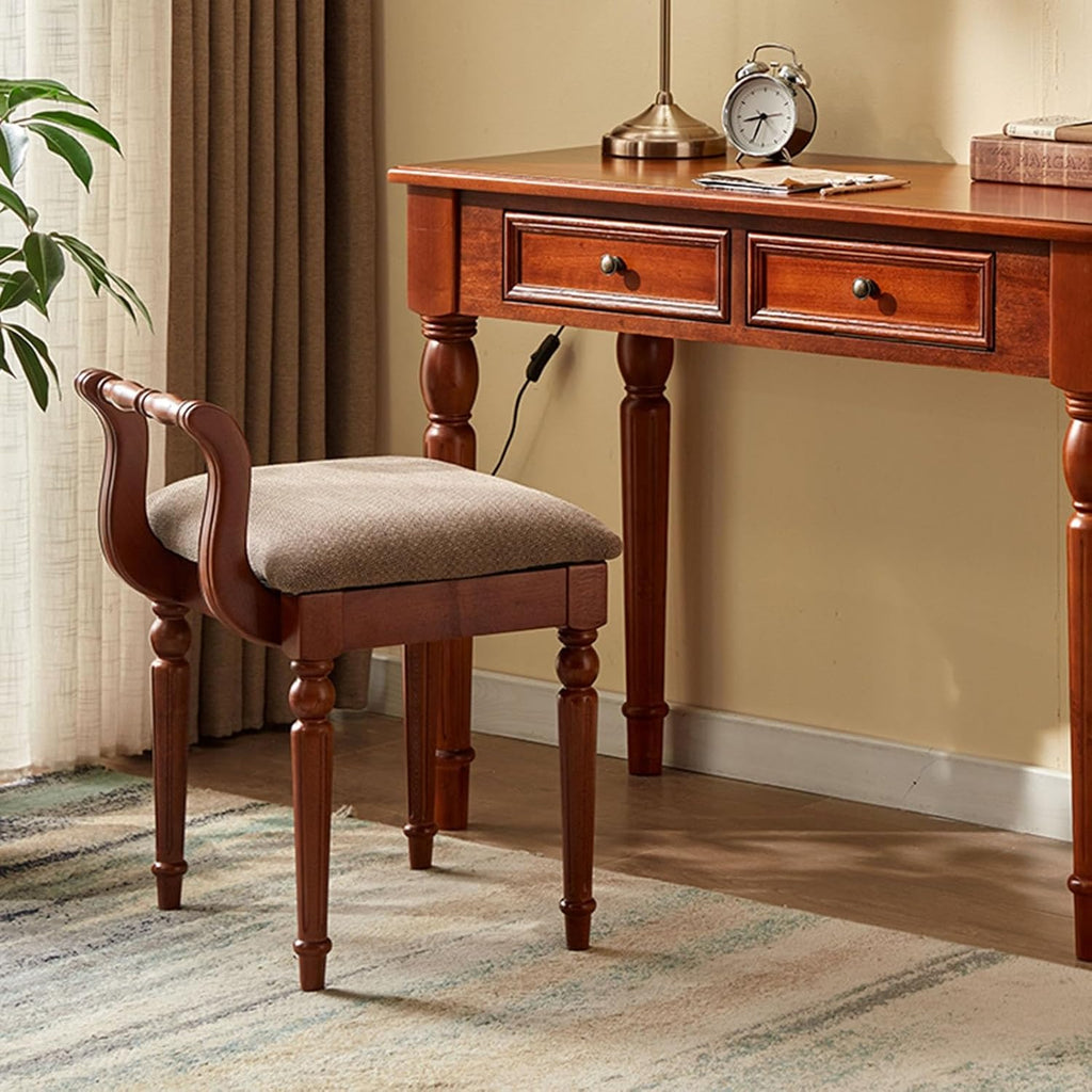 Tabouret de coiffeuse rétro élégant, confortable et rembourré avec pieds en bois massif, siège de coiffeuse élégant pour femme, capacité de 109 kg, finition noyer, design dos nu