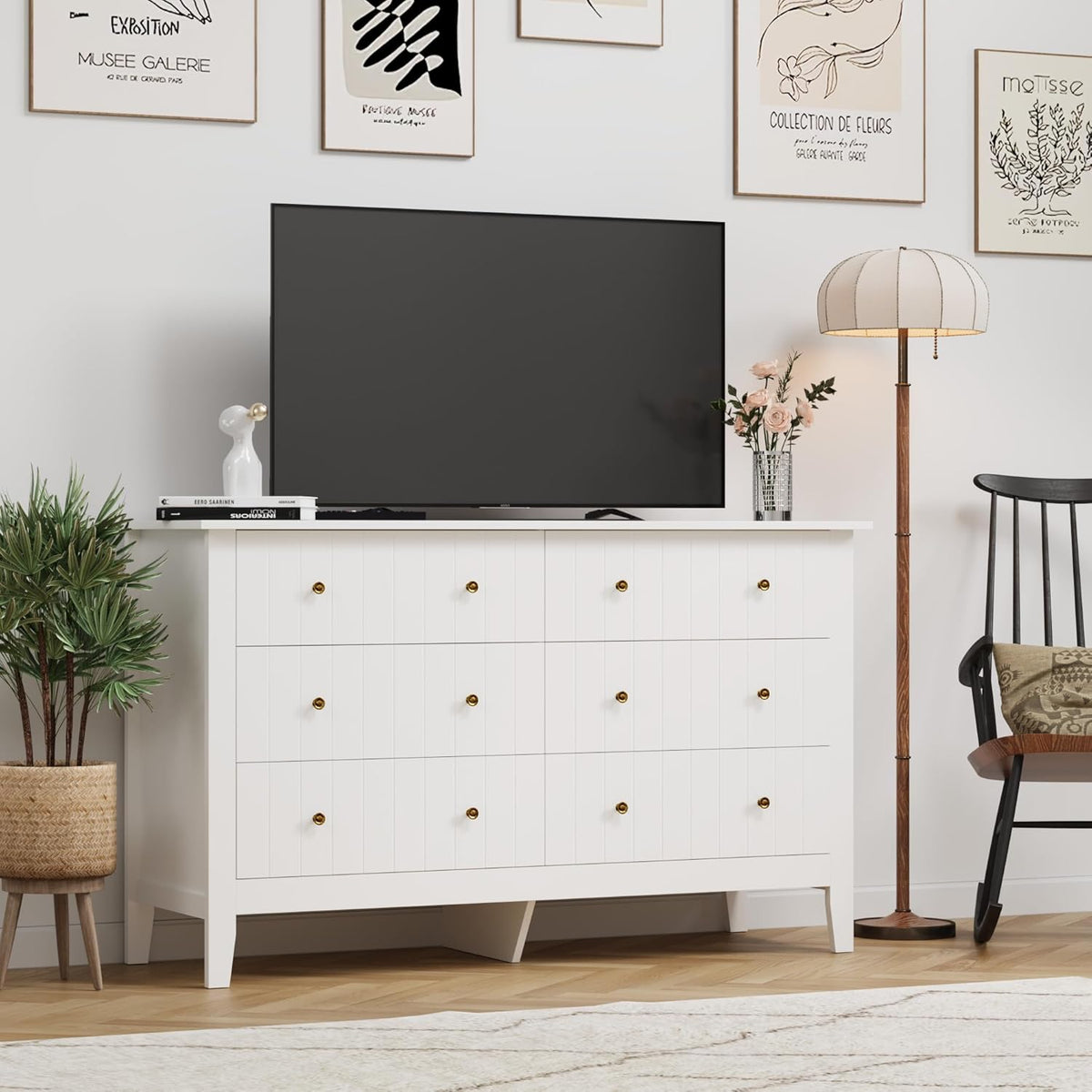 FOREHILL Commode avec 6 Tiroirs Commode Chambre Adulte Grande Commode Blanche Meuble de Rangement pour Salon Moderne en Bois 133x45x79.5cm
