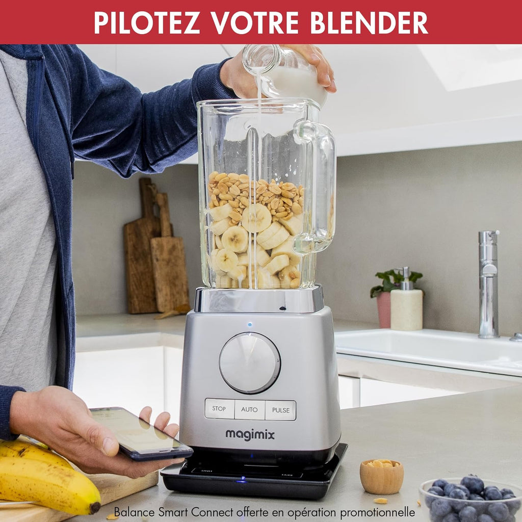 Magimix Blender Power Mixeur Professionnel 5XL Connect - Hachoir, Blender pour Smoothie, Mixeur Soupe, Hachoir Multifonction - Bol en verre - Chrome