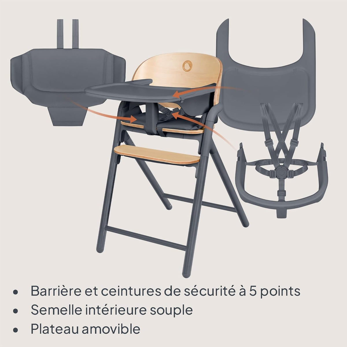 LIONELO Chaise Haute en Bois Celia, Évolutive, dès 6 mois jusqu'à 90 kg, Repose-pieds Réglable, Harnais 5 Points, Coussin de Siège, Nettoyage Facile (Grey)
