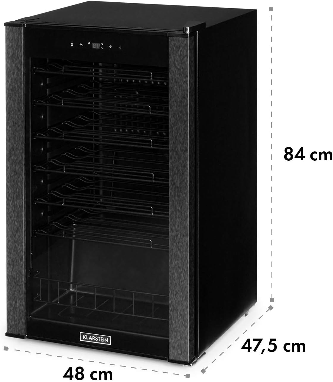 Klarstein Vinomatica - Cave à vin, Compacte, Capacité de 95L, 36 bouteilles, Porte panoramique, Cadre en acier inoxydable noir, Eclairage intérieur, 6 tablettes amovibles, Réglable de 4 à 18°C, Noir