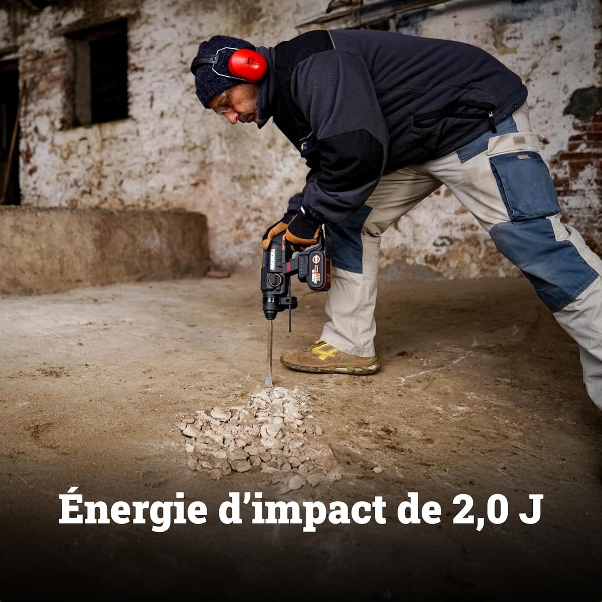 WORX Perforateur sans fil Brushless 20V WX381, 2J, 3 en 1, Perçage, Percussion, Burinage dans tous les matériaux, antivibrations, livré avec 1 Batterie 4Ah, Chargeur et Accessoires