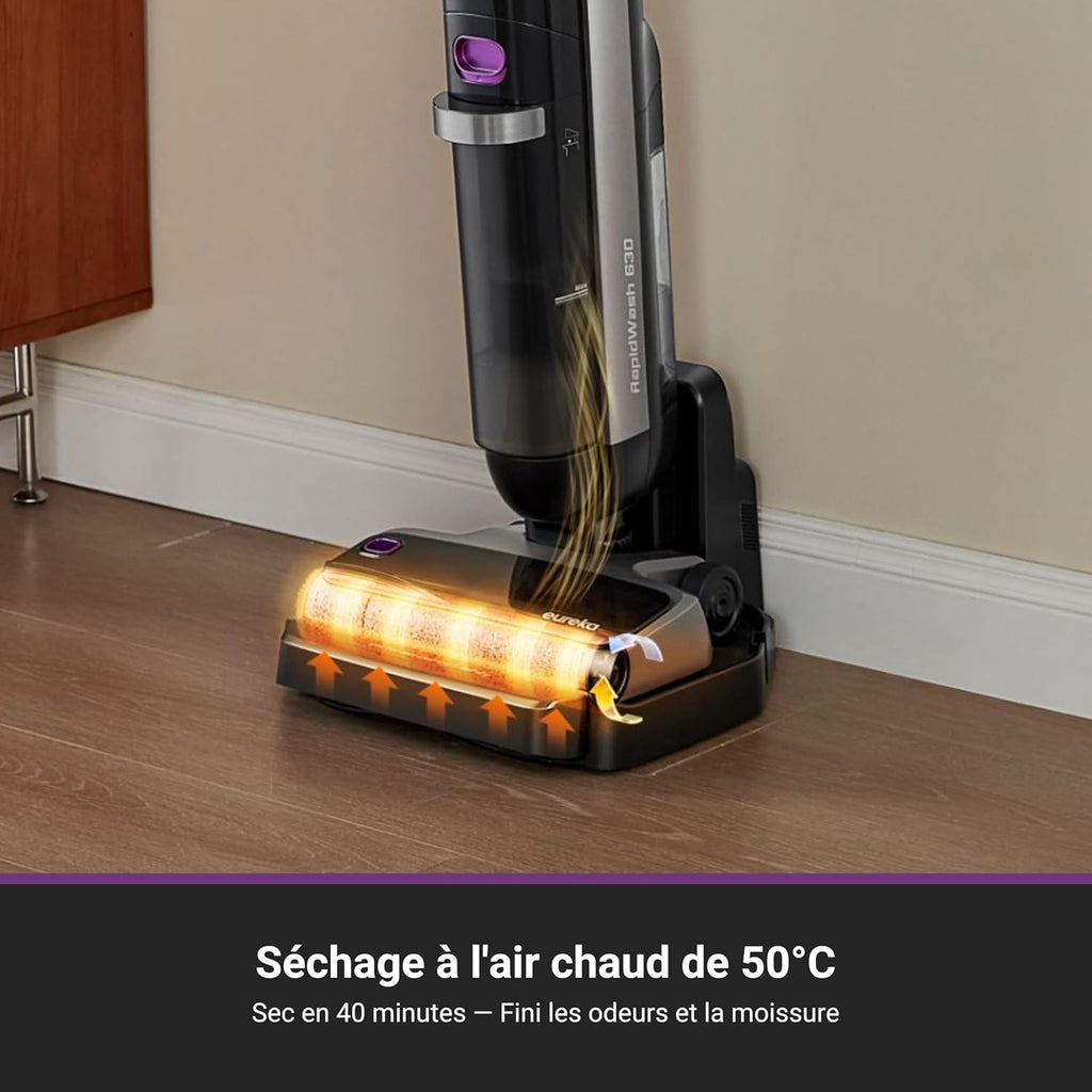 Eureka RapidWash NEW630 Gen2 Aspirateur Laveur, Séchage Air Chaud 50℃, Anti-Emmêlement, Inclinaison au Plat, Autonomie de 38 Minutes. pour Sols Durs