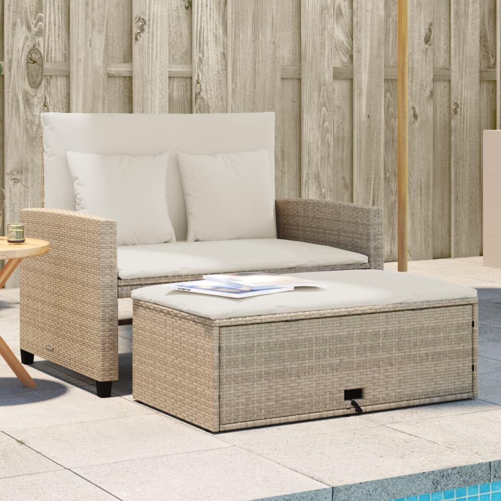 vidaXL Canapé de Jardin avec Coussins 2 Places, Siège avec Repose-Pieds, Canapé-lit avec Dossier, Meuble de Terrasse Patio, Beige Résine Tressée