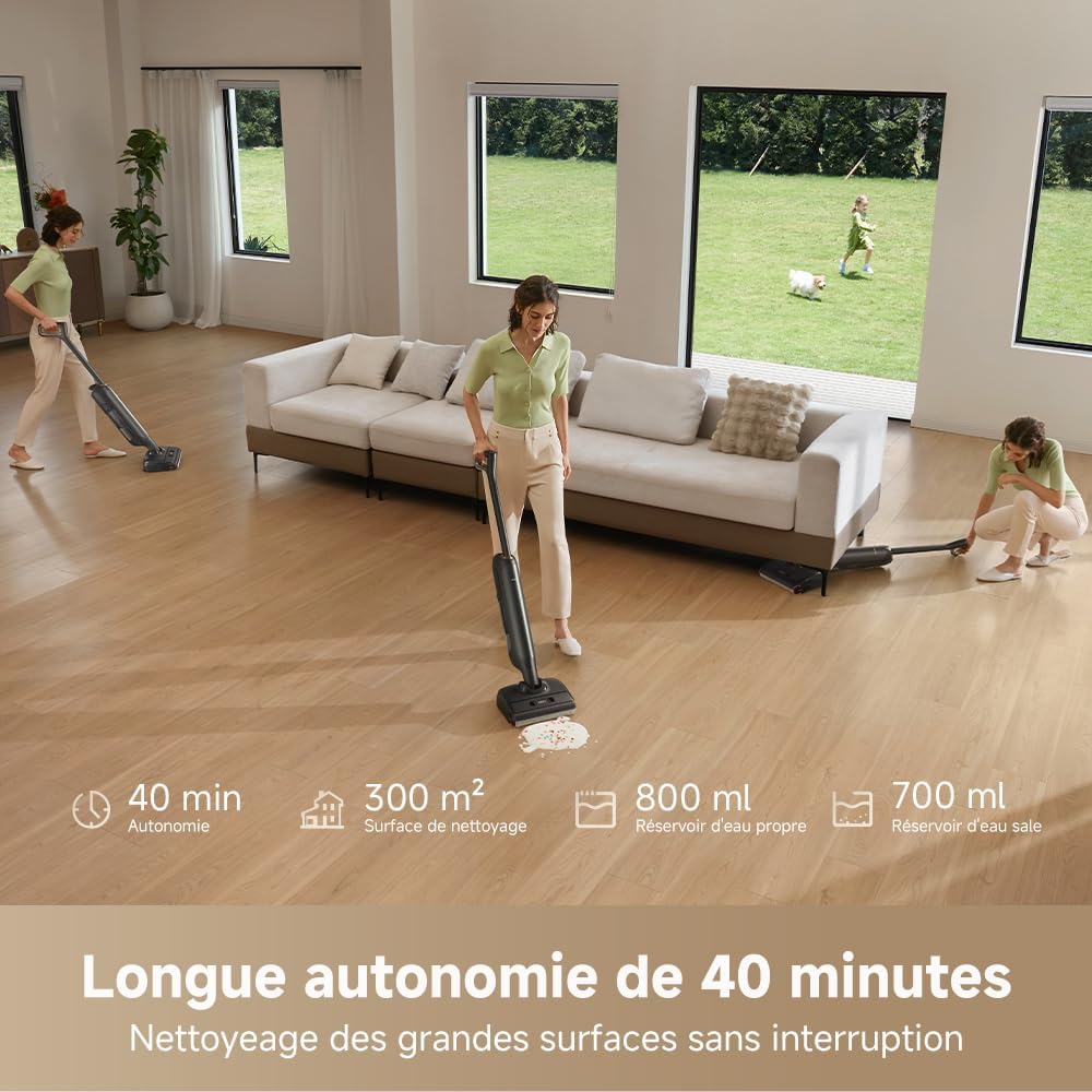 Mova M10 Aspirateur eau et poussière, portée à plat de 180°, flexible et pivotant à 90°, poids de 0,9 kg en main, lavage de brosse 75 °C + séchage air chaud 5 min, anti-anchevêtrement,aspiration 18kPa