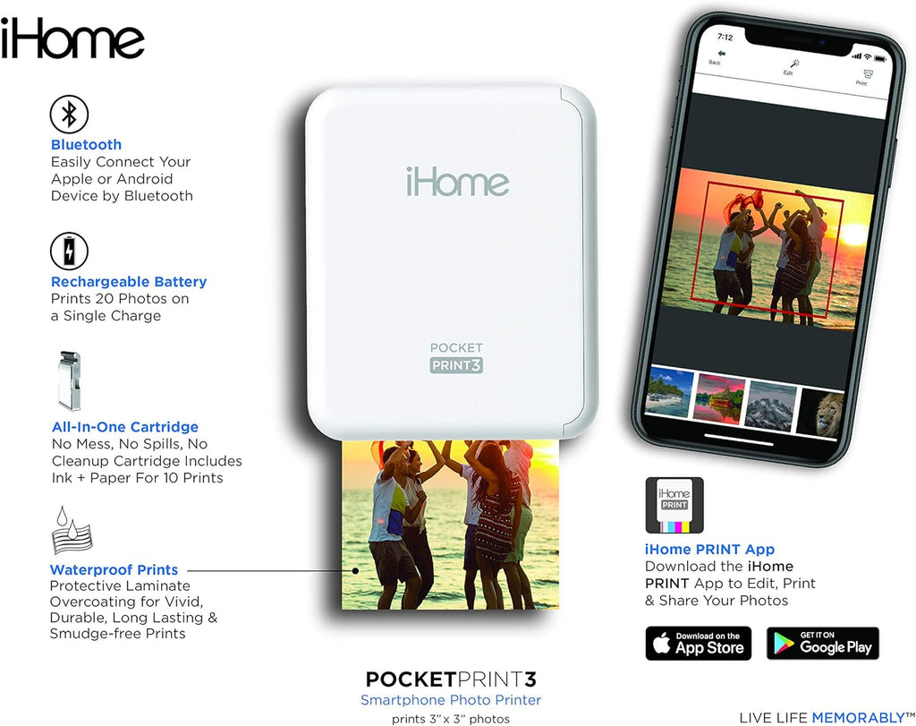 iHome PocketPrint3 Imprimante photo mobile Carrée 7,6 x 7,6 cm Blanc