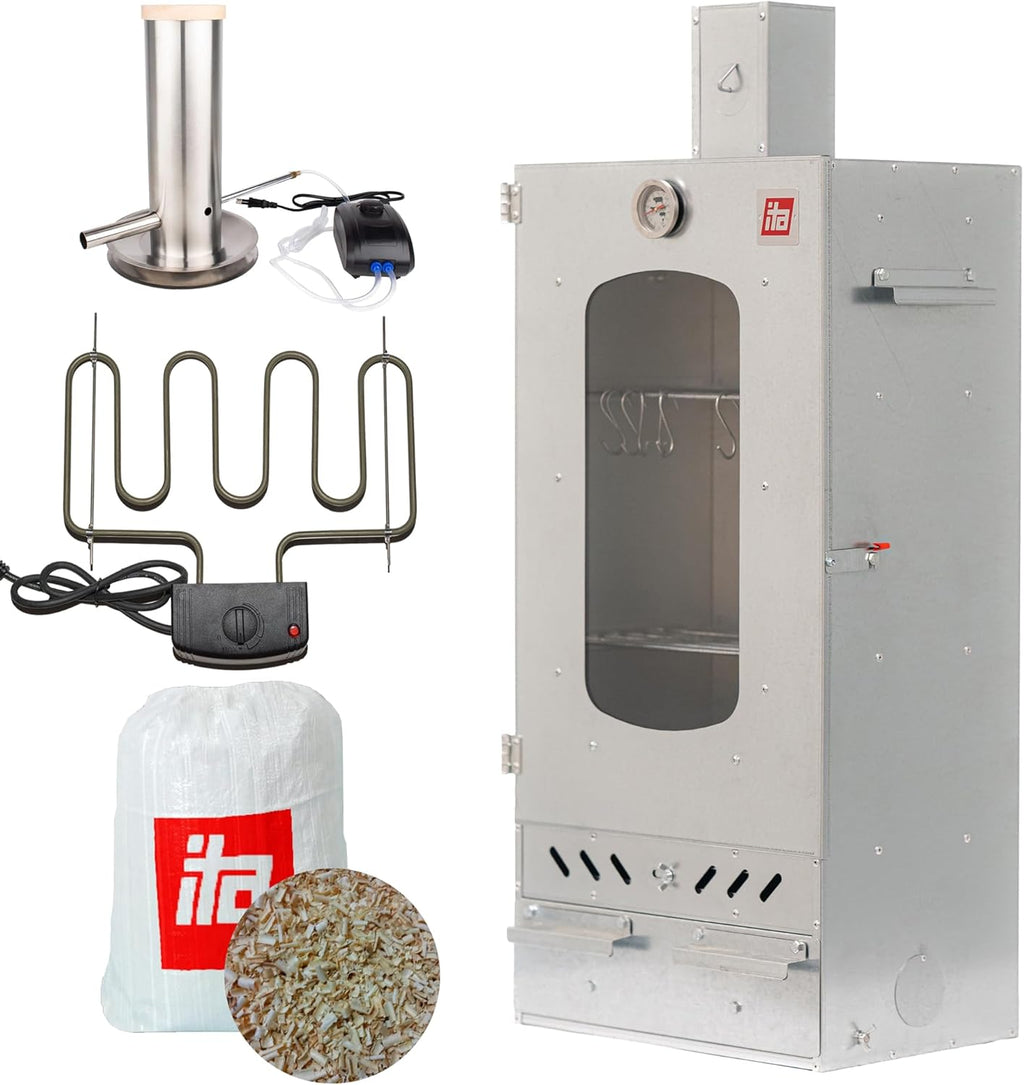 ITA Fumoir Électrique 7012 - Set Smoker avec Chauffage, générateur de fumée - Armoire avec fenêtre & cheminée - Acier allié - Qualité UE, Direct Fabricant - 81 cm avec 3 Niveaux