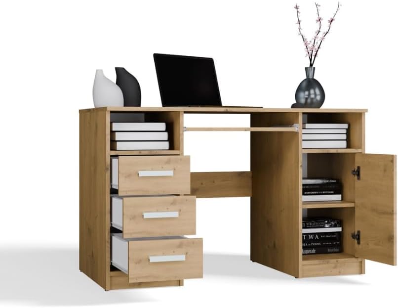 BDW Delta Bureau avec 3 tiroirs et 1 armoire, 120 x 75 x 60 cm, plateau pour clavier, Biruo, chambre d'enfant, salon, chêne artisanal