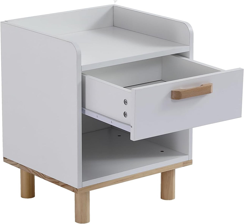 I0I&I0I Ensemble de chambre d'enfant - Blanc + naturel - Lit de maison + table de chevet + commode - MDF + pin (205 x 202 x 187,5 cm)
