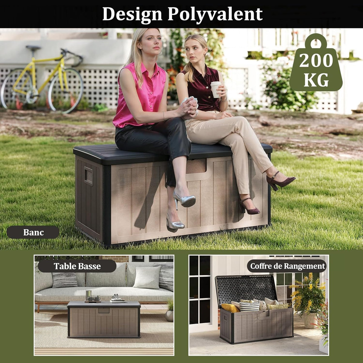 COSTWAY Coffre de Rangement Extérieure en Résine 378 L, Boîte de Rangement Imperméable avec Couvercle Verrouillable, pour des Outils Jouet Accessoires, pour Intérieur et Extérieur (Brun+Noir)