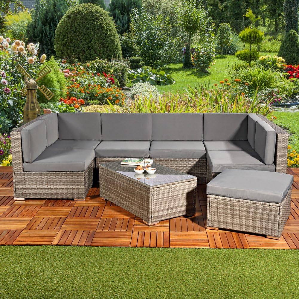 Melko XXL Rotin meublier, Ensemble de Jardin, Poly-rotin, Lounge, Meuble de Jardin, Suite, Gris Sofa
