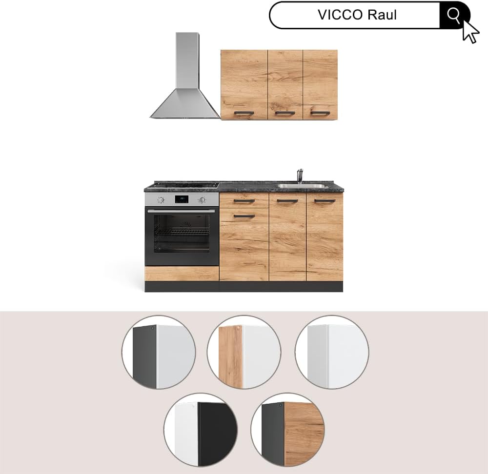 Vicco Cuisine R-Line, Noir Brillant/Blanc, 160cm avec Meuble Four encastrable avec Plan de Travail
