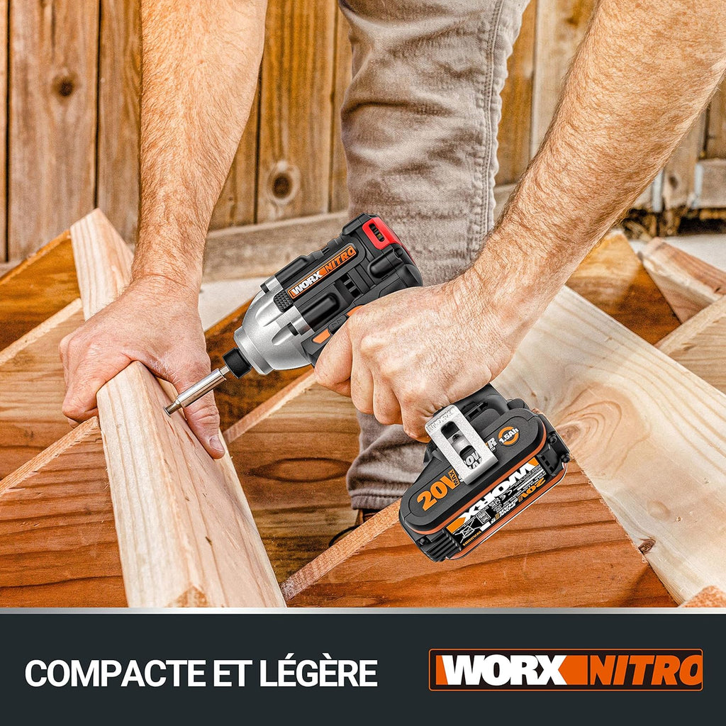 WORX Visseuse à Choc sans Fil Brushless 20V WX261, Légère et puissante 260Nm, 3000 tr/min, mandrin 6,35 mm HEX, 3 Vitesses, crochet et embout de vissage, livrée avec Batterie et Chargeur