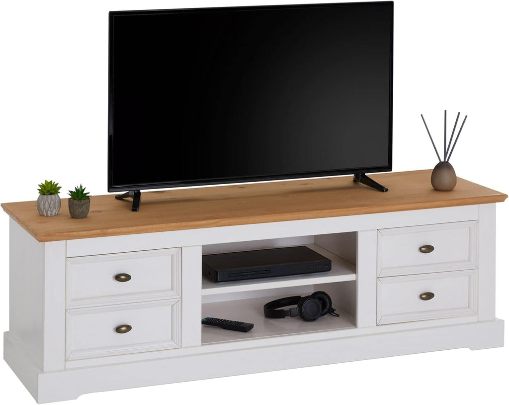 IDIMEX Meuble TV Kent L 144 cm en Bois Massif Blanc et Brun avec Rangement 4 tiroirs et 2 niches pour télévision jusqu'à 60 Pouces 144 x 46 x 45 cm