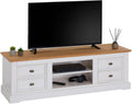 IDIMEX Meuble TV Kent L 144 cm en Bois Massif Blanc et Brun avec Rangement 4 tiroirs et 2 niches pour télévision jusqu'à 60 Pouces 144 x 46 x 45 cm