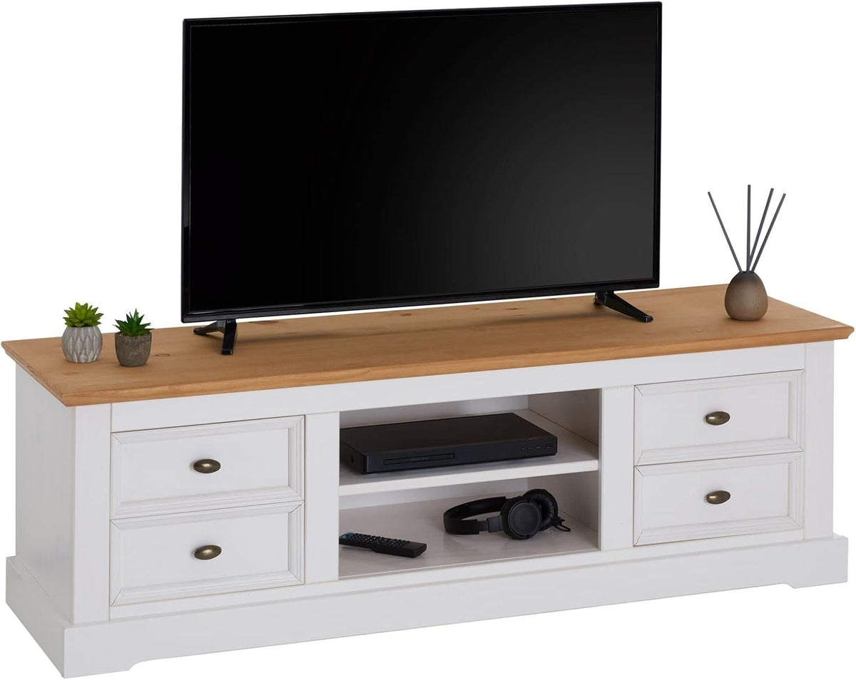 IDIMEX Meuble TV Kent L 144 cm en Bois Massif Blanc et Brun avec Rangement 4 tiroirs et 2 niches pour télévision jusqu'à 60 Pouces 144 x 46 x 45 cm