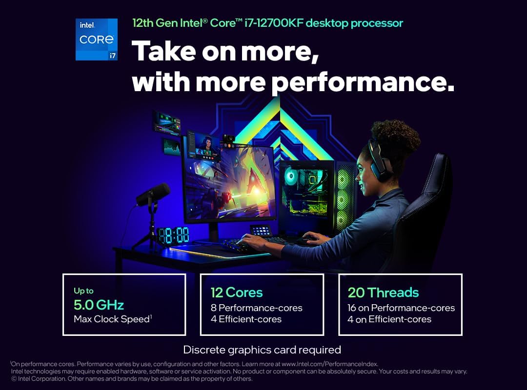 Core™ i7-12700KF, processeur pour PC de Bureau, 12 cœurs (8P+4E) jusqu'à 5,0 GHz, LGA1700 chipset série 600 125 W