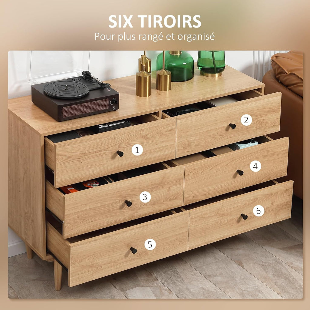 HOMCOM Commode 6 tiroirs, Meuble de Rangement avec Pieds en Bois Massif, Finition Bois veiné, 120 x 40 x 80 cm, Marron Clair