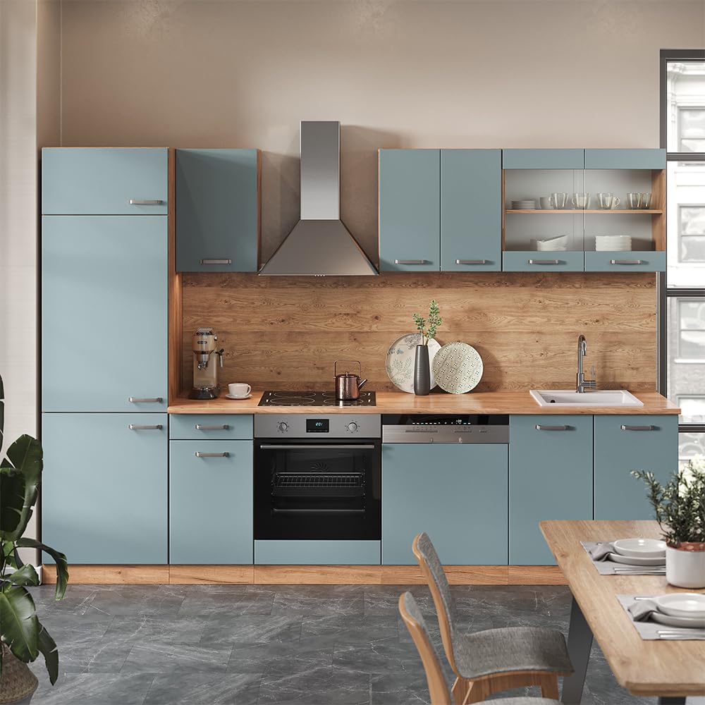 Vicco Cuisine R-Line, Bleu-Gris/Chêne de Force doré, 300 cm sans Plan de Travail