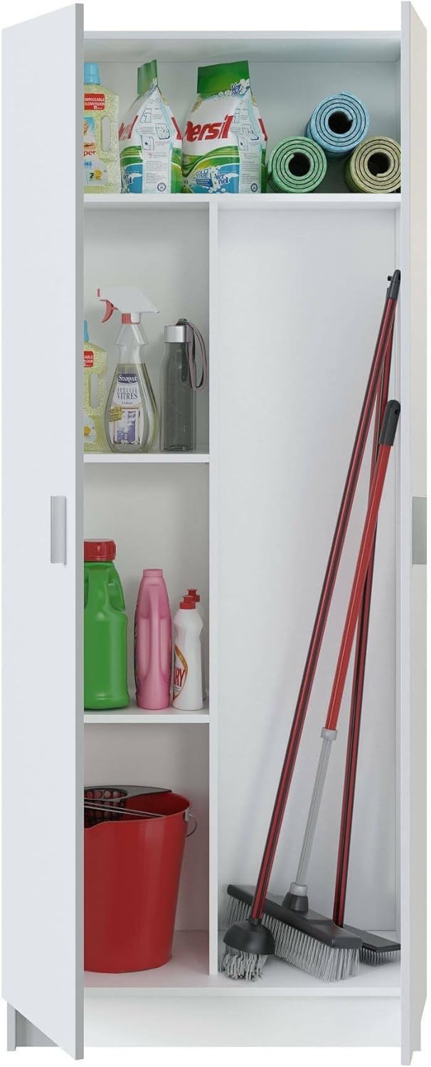 Dmora - Armoire polyvalent Charleston, Armoire à balais avec 2 portes, Étagère à chaussures avec étagères, Placard à balai, 73x37h180 cm, Blanc