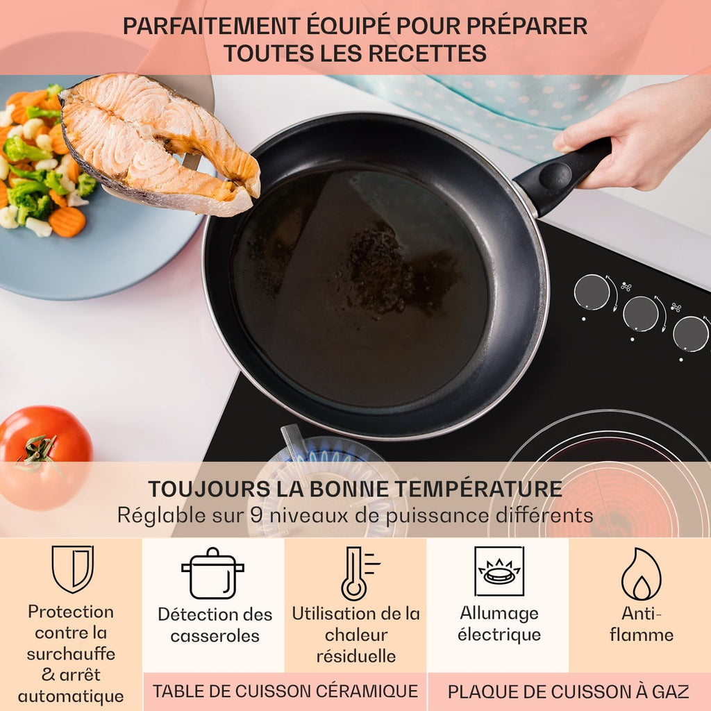 Klarstein Plaque de Cuisson Mixte Gaz et Vitrocéramique 5 Feux, Table de Cuisson Vitro de 9.2 kW en Acier Inoxydable