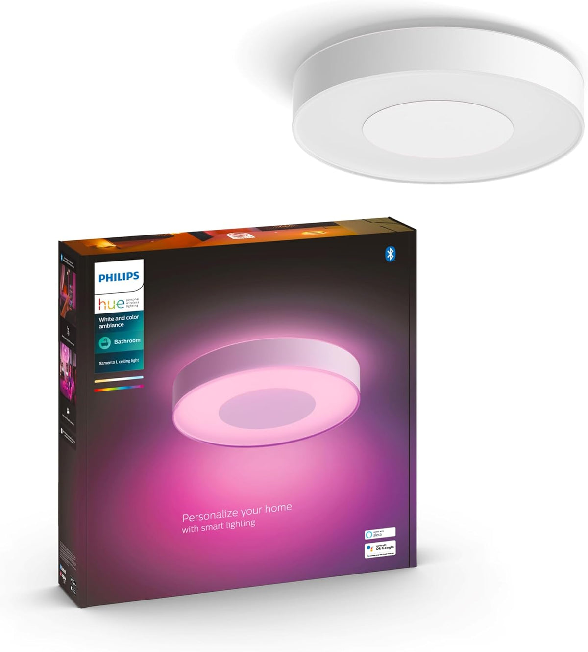Hue White and Color Ambiance, Plafonnier Xamento Large, Blanc, compatible Bluetooth, fonctionne avec Alexa, Google Assistant et Homekit