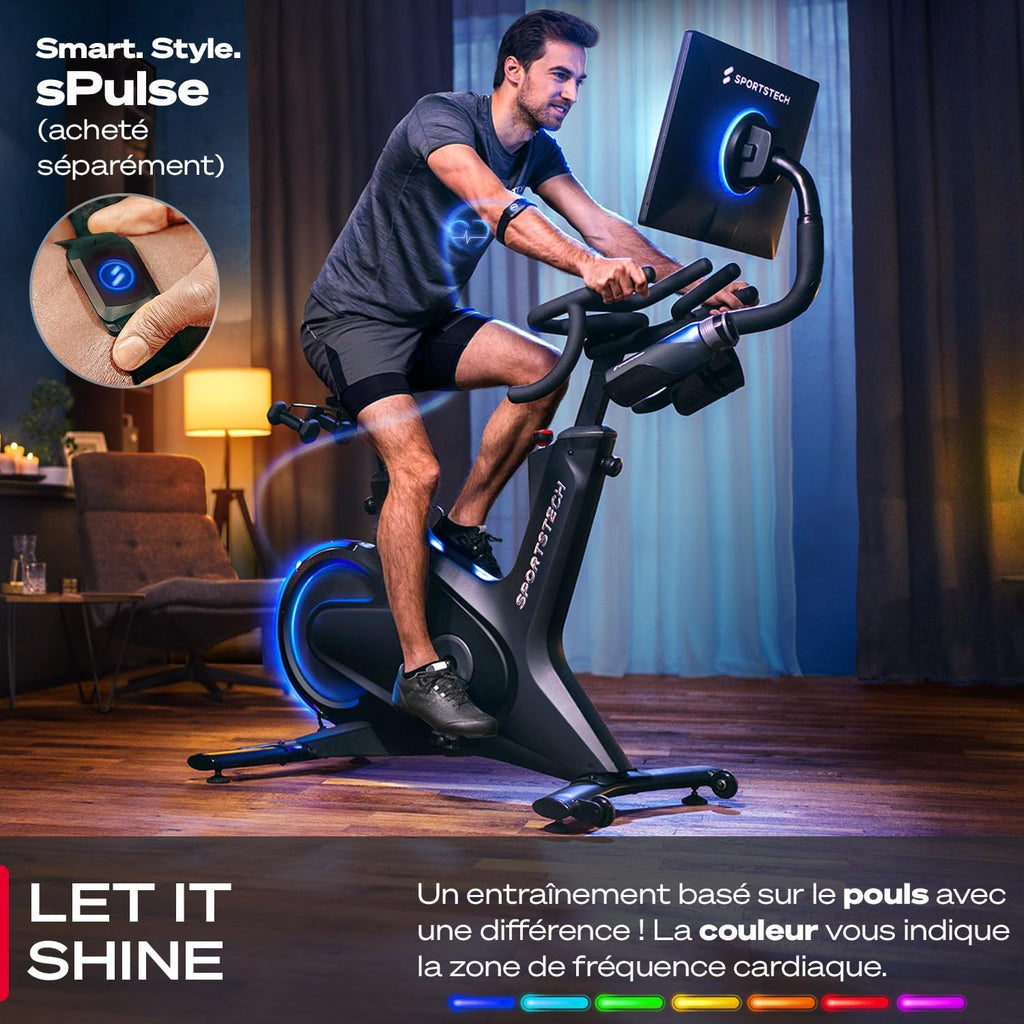 Vélo d'intérieur Smart sBike, écran tactile de 21,5" + LED| avec cours en direct et à la demande + expérience d'entraînement du corps entier | Vélo d'exercice Speedbike Sportstech Fitness Bike