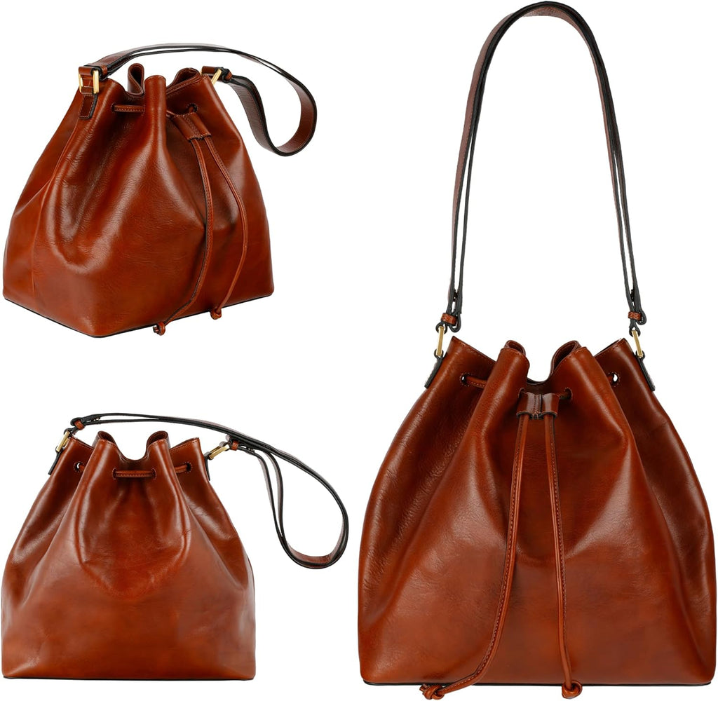 Time Resistance Sac Seau en Cuir - Sac à Main en Cuir Pleine Fleur pour Femme - Sac à Épaule Fait Main en Italie