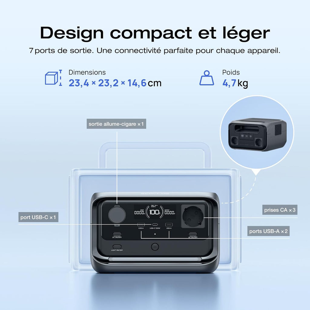 EF EcoFlow RIVER 3 Plus Station électrique portable, batterie LFP 286Wh, sortie 1200W, autonomie 16h pour appareils