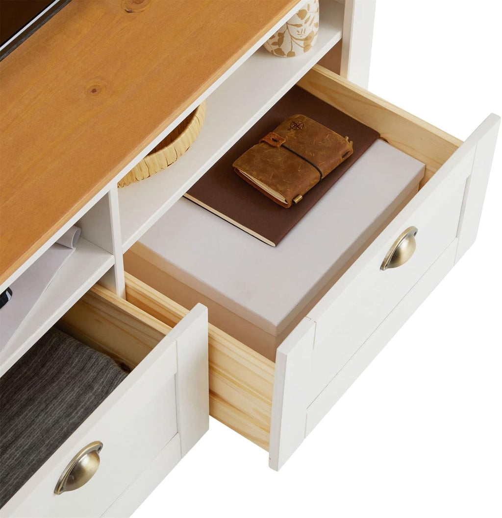 IDIMEX Meuble TV Bolton 2 tiroirs et 2 niches de Rangement, Meuble télé Design Campagne en pin Massif Blanc et Brun, dim 110x50x40 cm