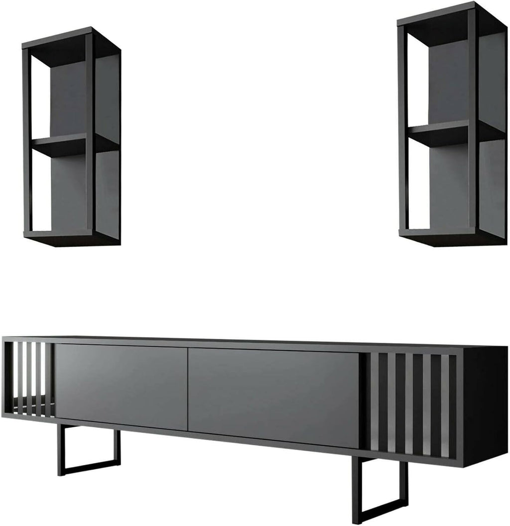 Dmora - Meuble TV Ananke, Buffet de Salon, Armoire Basse pour TV, Base Murale de Rangement, 180x30h48 cm, Anthracite et Noir