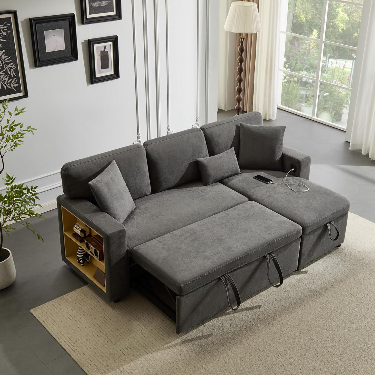 Canapé convertible 3 places en forme de L avec USB et étagère intégrée, meubles rembourrés, convertible avec tiroir de lit, meuble de salon, gris foncé