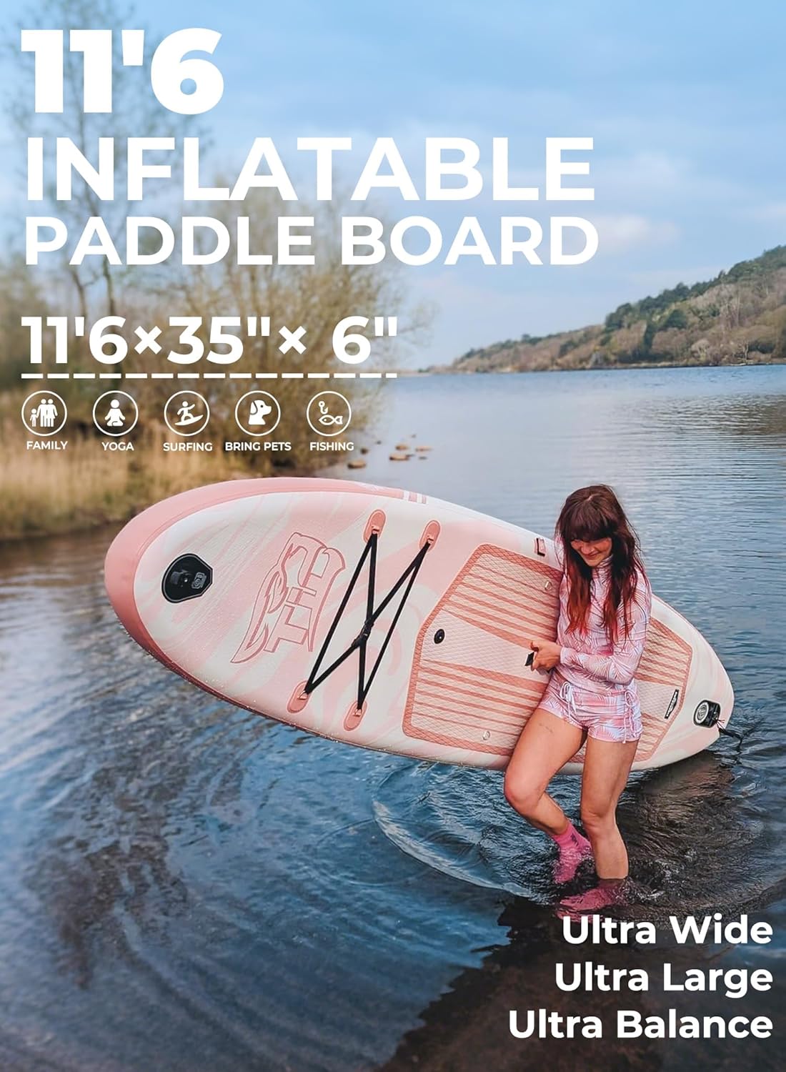 TIGERXBANG Planche à Pagaie Gonflable de 353x89x15cm avec Accessoires Complets, Grandes Planches à Pagaie de Qualité Supérieure pour Adultes/Jeunes, Collection Polar Rose