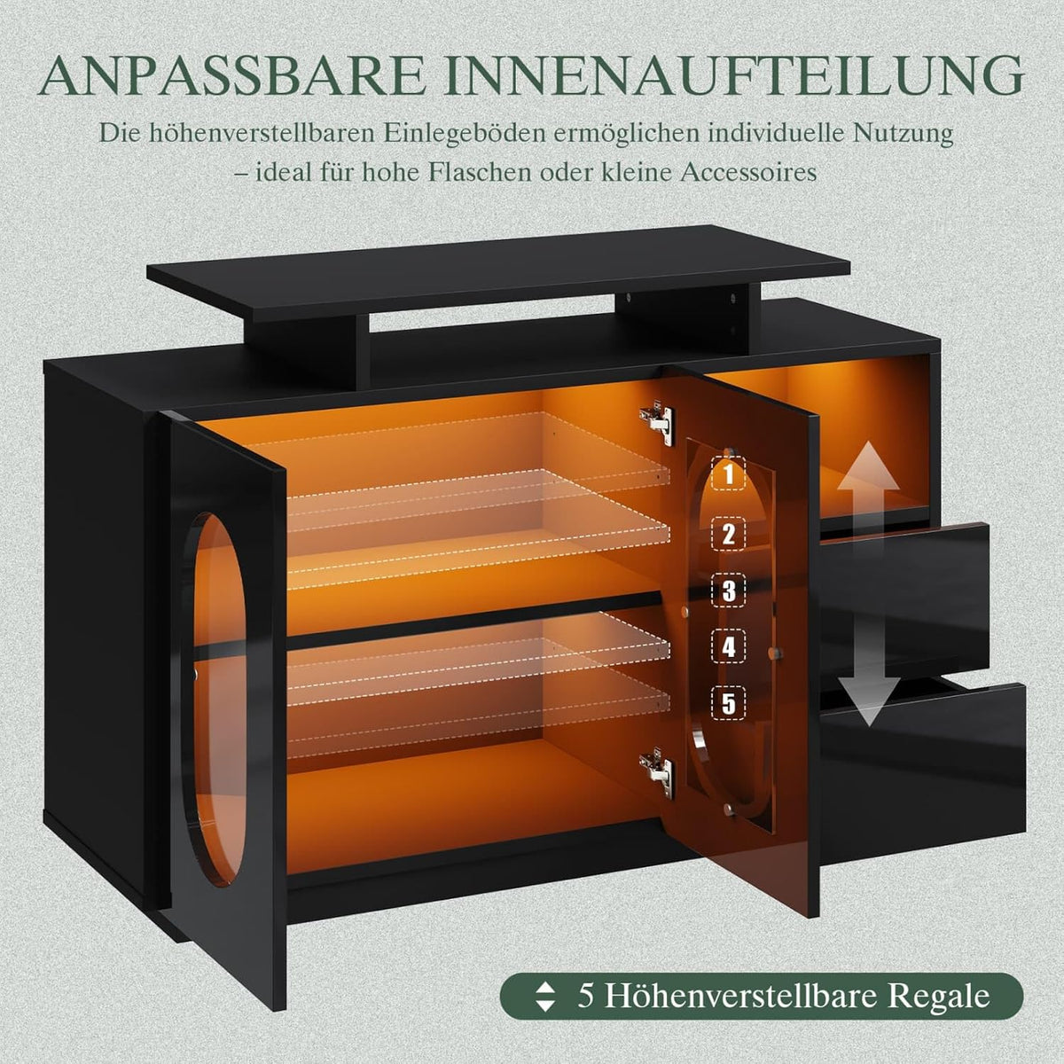 KOMHTOM LED Commode, Buffet en Bois, Armoire de Rangement, Espace Multi-Partitionné, Vitrine Moderne pour Salon, Salle à Manger et Couloir Noir-F