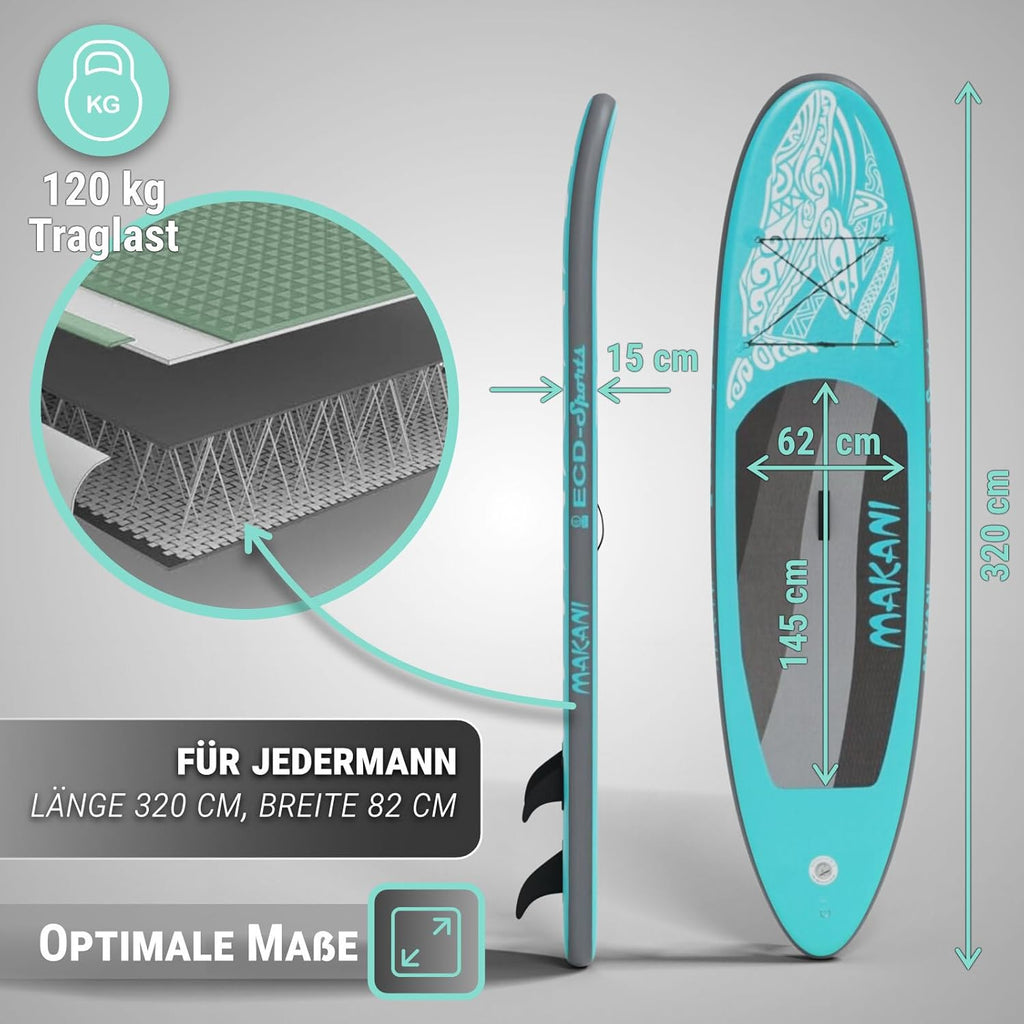 Stand Up Paddle Board | Planche SUP polyvalente 320 cm | xxx | Kit complet | Noyau Drop Stitch | Jusqu'à 120 kg | 3 ailerons | Sac de transport | Pour débutants et confirmés | Gonflable