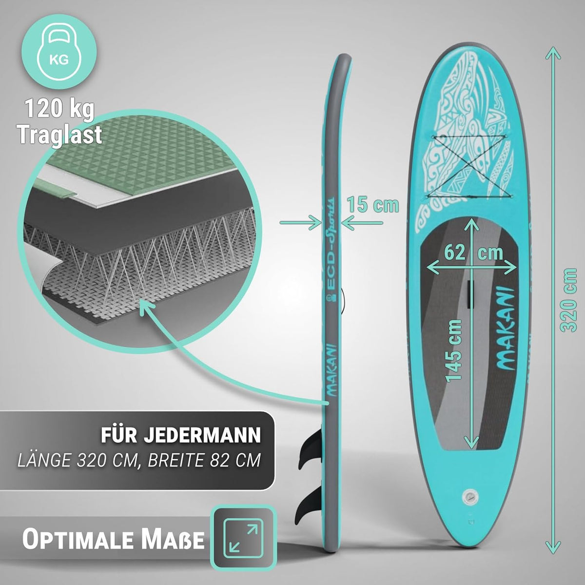 Stand Up Paddle Board | Planche SUP polyvalente 320 cm | xxx | Kit complet | Noyau Drop Stitch | Jusqu'à 120 kg | 3 ailerons | Sac de transport | Pour débutants et confirmés | Gonflable