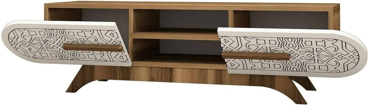 Dmora - Meuble TV Alud, Buffet de Salon, Armoire Basse pour TV, Base Murale équipée, 145x37h37 cm, Noyer et Blanc