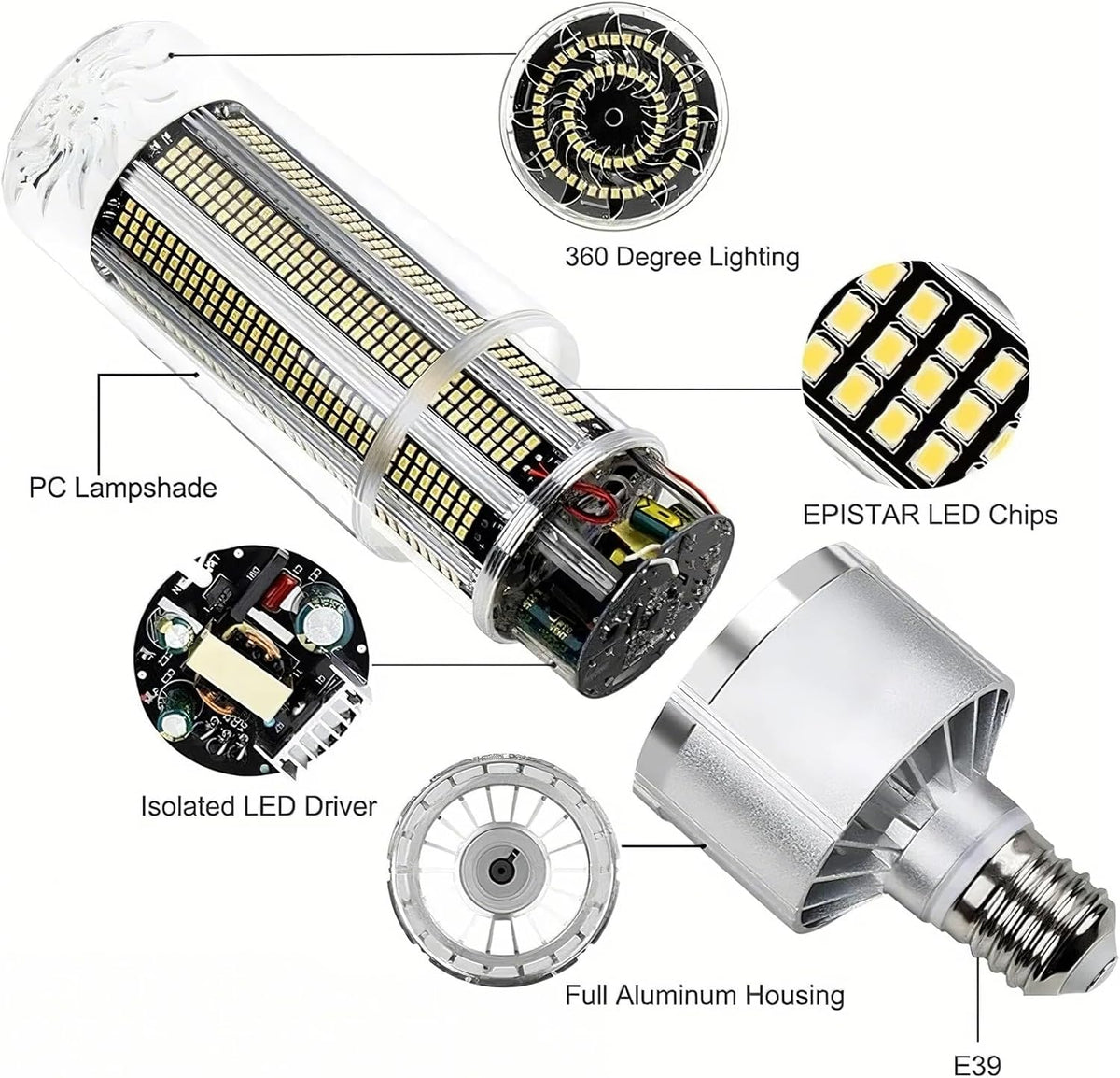 ZFFOZZ Ampoule LED 24000 Lumens, Culot E39 E40, 240W, Lumière du Jour 5000K, Équivalent 1000 Watts, Super Lumineuse.(Cool White,E40-200W)
