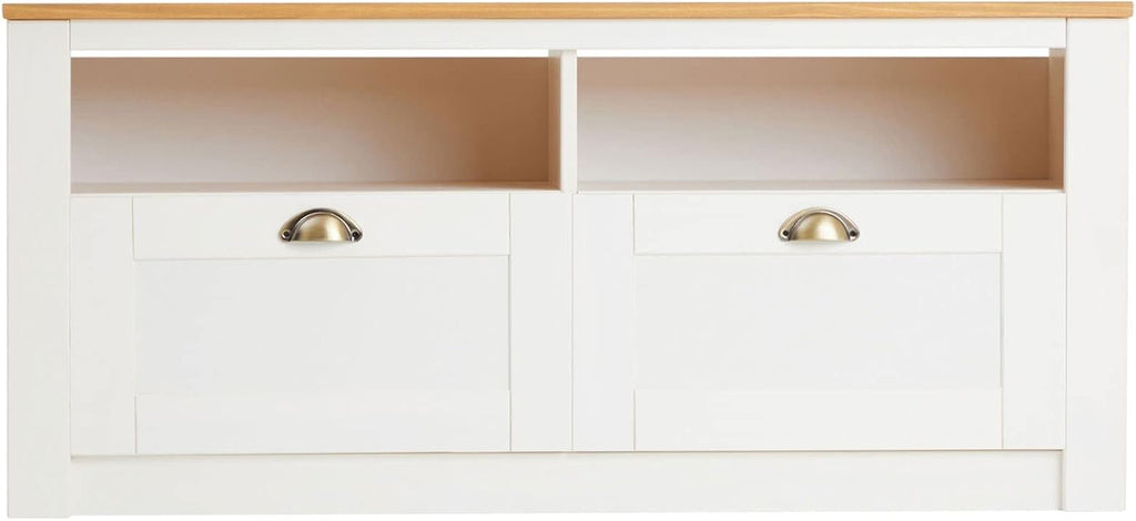 IDIMEX Meuble TV Bolton 2 tiroirs et 2 niches de Rangement, Meuble télé Design Campagne en pin Massif Blanc et Brun, dim 110x50x40 cm