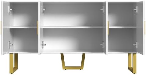 Buffet Salon Blanc Moderne avec 4 Portes Texturées, Façade Brillante, Poignées Dorées, Meuble Elégant, 150x40x82cm