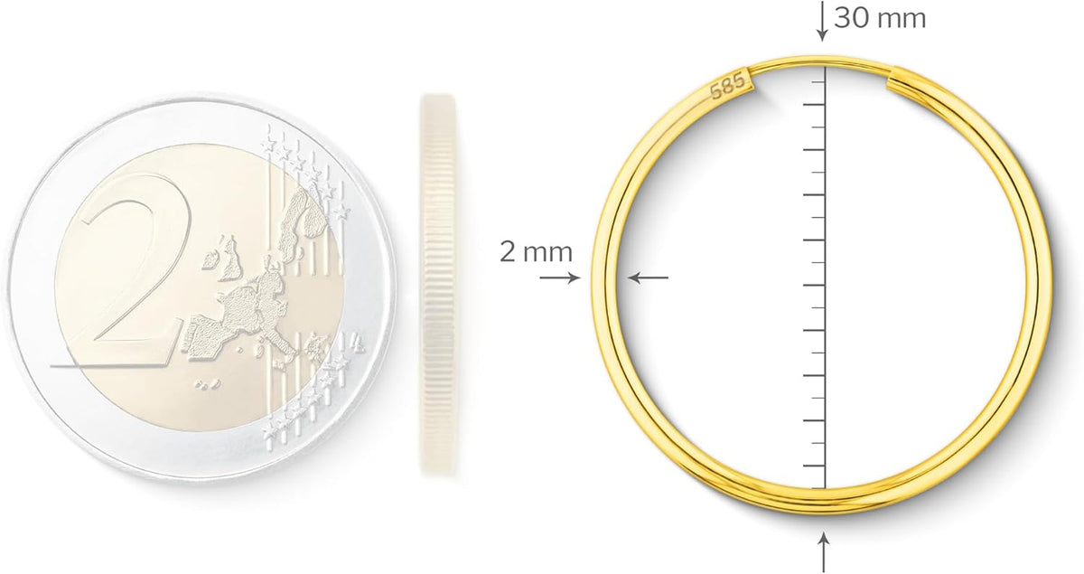 EDELIND Boucles d'Oreilles Rondes 30 mm Or Jaune 750 585 375 333 Largeur 2 mm Bijoux Femme avec Boîte Cadeau Bijoux