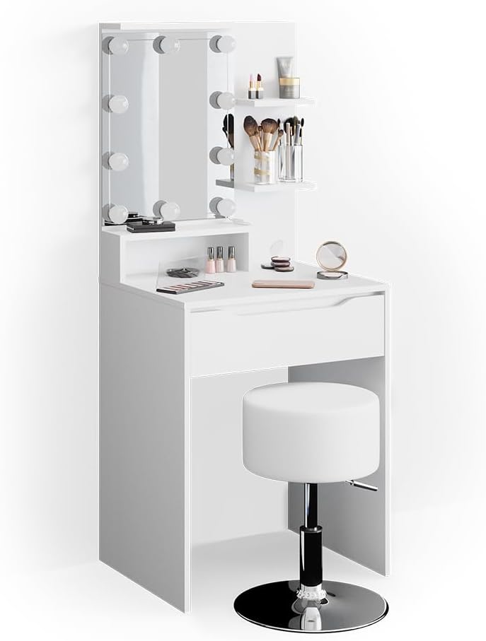Vicco Coiffeuse Ruben, Blanc, 60 cm avec éclairage LED et Tabouret