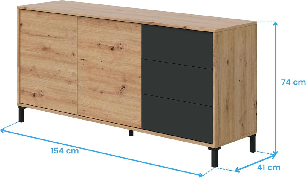 Habitdesign modèle Brooklyn Buffet 2 portes et 3 tiroirs, finition chêne Nodi et gris anthracite, dimensions : 154 x 74 x 41 cm l x H x P .